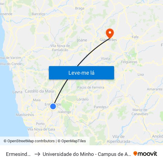 Ermesinde - B. V. to Universidade do Minho - Campus de Azurém / Guimarães map