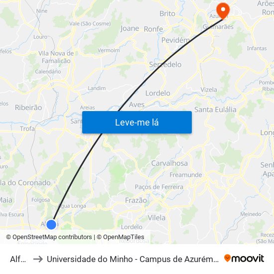 Alfena to Universidade do Minho - Campus de Azurém / Guimarães map