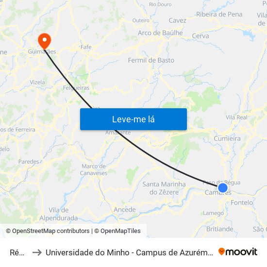 Régua to Universidade do Minho - Campus de Azurém / Guimarães map