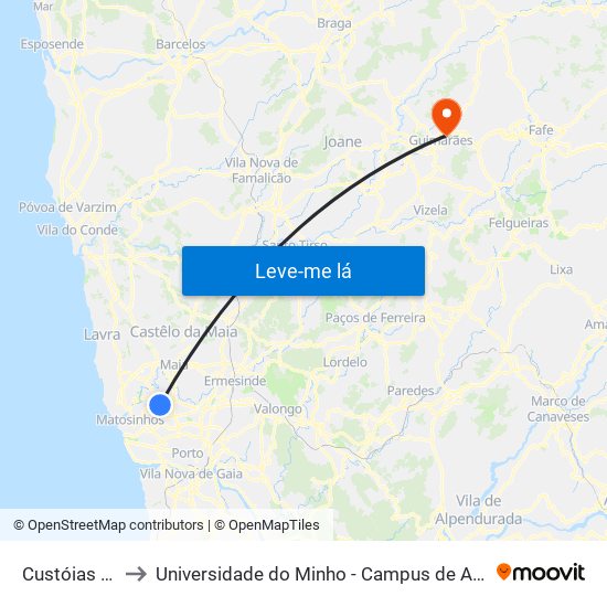 Custóias (Feira) to Universidade do Minho - Campus de Azurém / Guimarães map