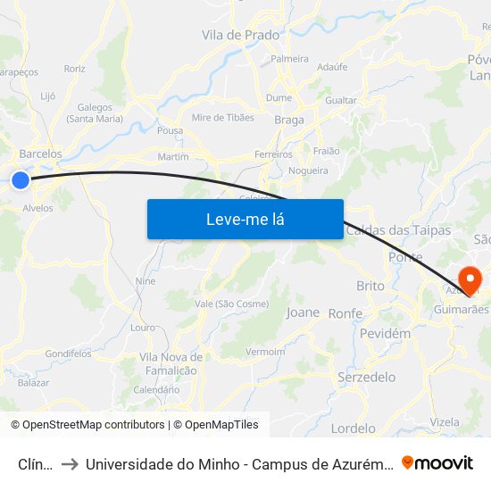 Clínica to Universidade do Minho - Campus de Azurém / Guimarães map