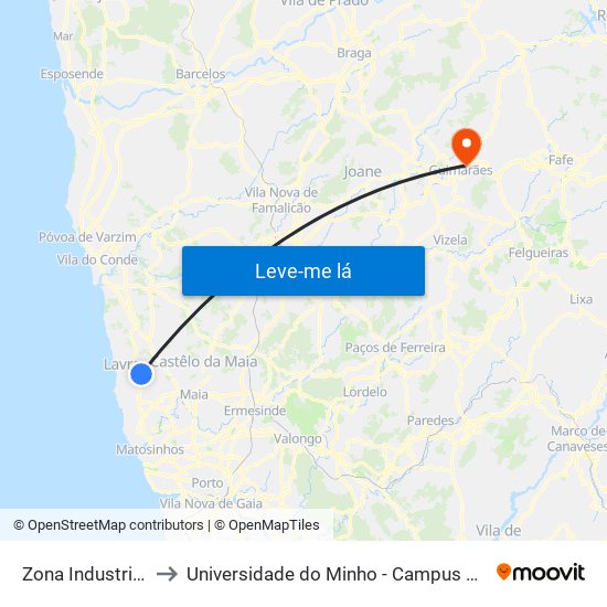 Zona Industrial Aveleda to Universidade do Minho - Campus de Azurém / Guimarães map