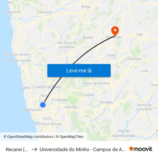 Recarei (Norte) to Universidade do Minho - Campus de Azurém / Guimarães map
