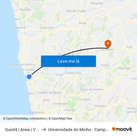 Quintã | Areia | Varziela (Metro) to Universidade do Minho - Campus de Azurém / Guimarães map