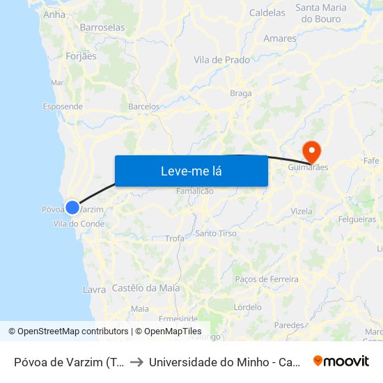 Póvoa de Varzim (Terminal Rodoviário) to Universidade do Minho - Campus de Azurém / Guimarães map