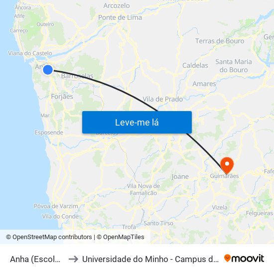 Anha (Escola EB23/S) to Universidade do Minho - Campus de Azurém / Guimarães map