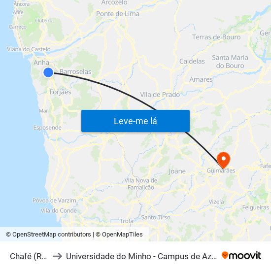 Chafé (Roteia) to Universidade do Minho - Campus de Azurém / Guimarães map