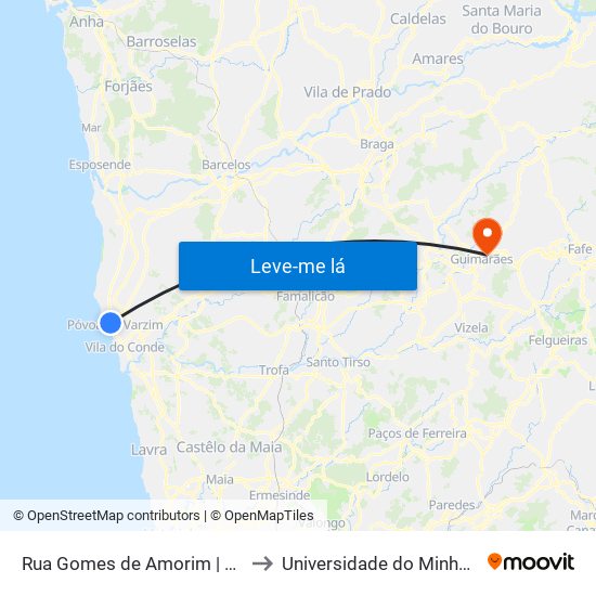 Rua Gomes de Amorim | Esc. Rocha Peixoto (Póvoa de Varzim) to Universidade do Minho - Campus de Azurém / Guimarães map