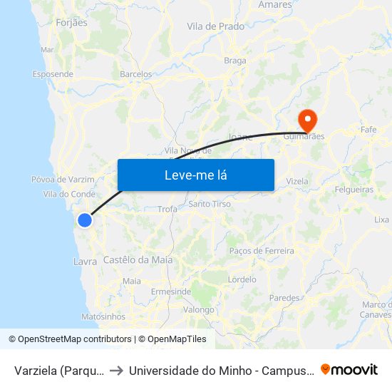 Varziela (Parque Industrial) to Universidade do Minho - Campus de Azurém / Guimarães map