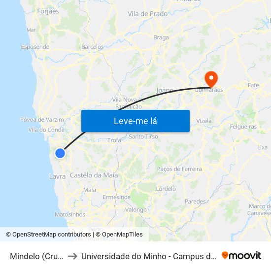 Mindelo (Cruzamento) to Universidade do Minho - Campus de Azurém / Guimarães map