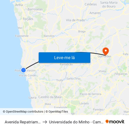 Avenida Repatriamento dos Poveiros to Universidade do Minho - Campus de Azurém / Guimarães map