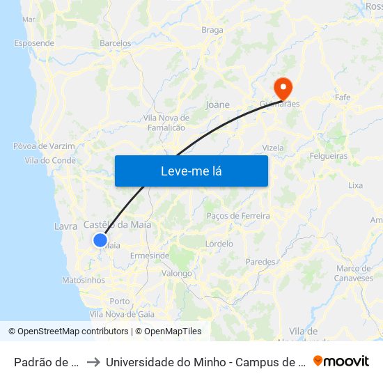 Padrão de Moreira to Universidade do Minho - Campus de Azurém / Guimarães map