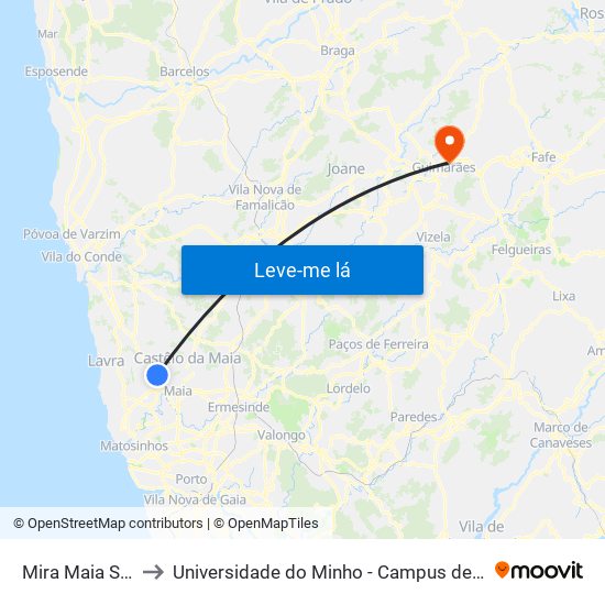 Mira Maia Shopping to Universidade do Minho - Campus de Azurém / Guimarães map