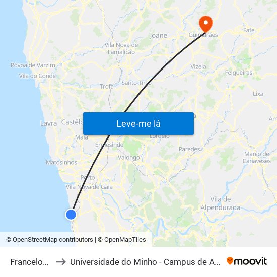 Francelos-Praia to Universidade do Minho - Campus de Azurém / Guimarães map