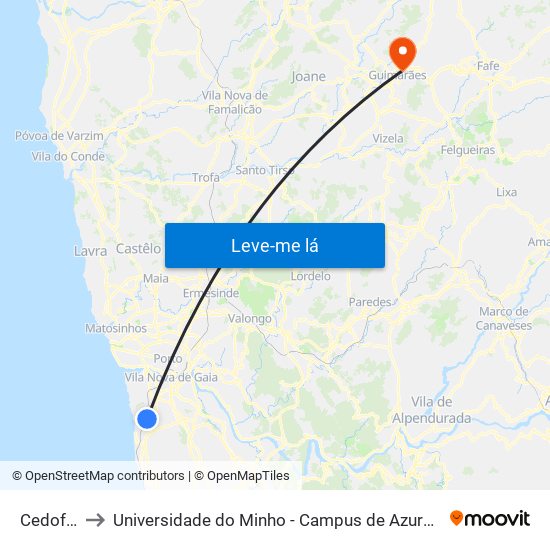 Cedofeita to Universidade do Minho - Campus de Azurém / Guimarães map