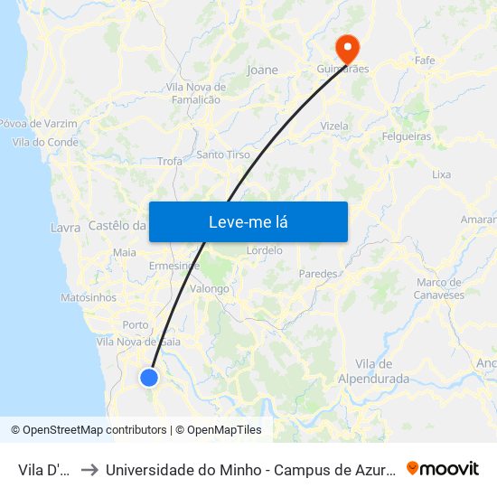 Vila D'Este to Universidade do Minho - Campus de Azurém / Guimarães map