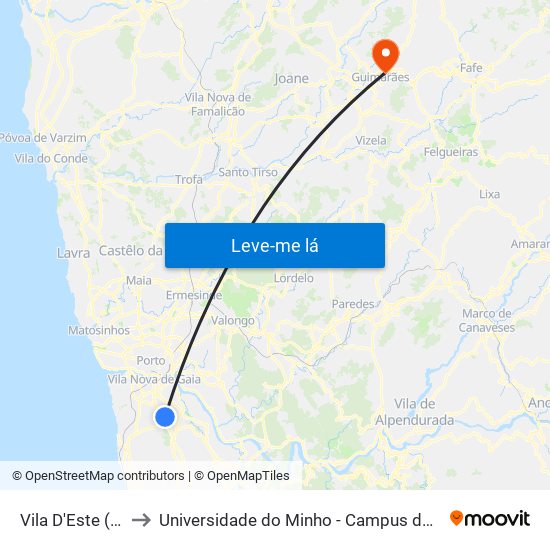 Vila D'Este (Escolas) to Universidade do Minho - Campus de Azurém / Guimarães map