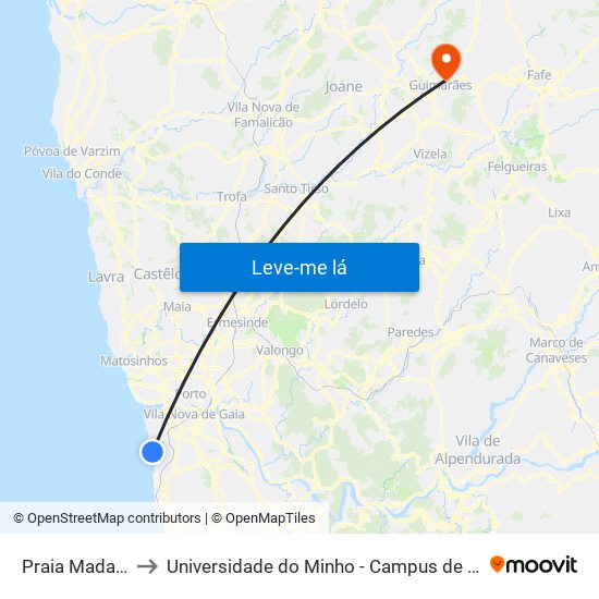 Praia Madalena Sul to Universidade do Minho - Campus de Azurém / Guimarães map