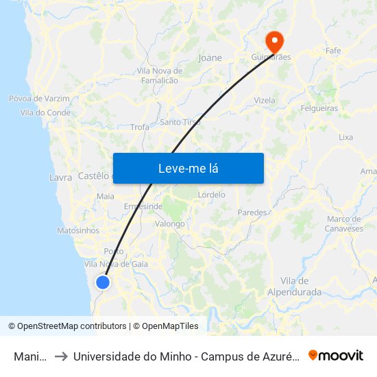 Maninho to Universidade do Minho - Campus de Azurém / Guimarães map