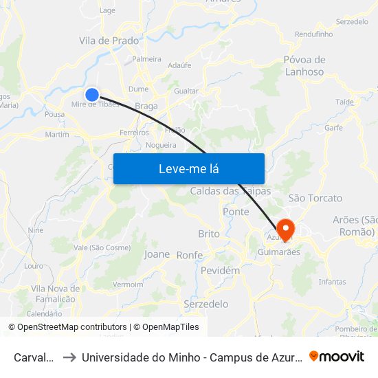 Carvalhos I to Universidade do Minho - Campus de Azurém / Guimarães map