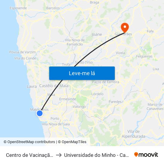 Centro de Vacinação (ADR Matosinhos) to Universidade do Minho - Campus de Azurém / Guimarães map