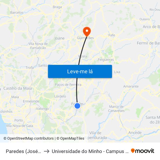 Paredes (José Guilherme) to Universidade do Minho - Campus de Azurém / Guimarães map