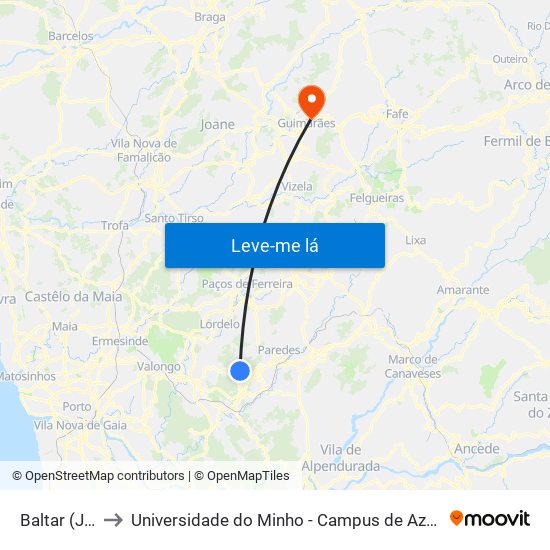 Baltar (Junta) to Universidade do Minho - Campus de Azurém / Guimarães map