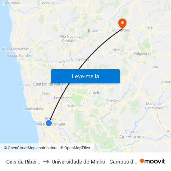Cais da Ribeira (Porto) to Universidade do Minho - Campus de Azurém / Guimarães map
