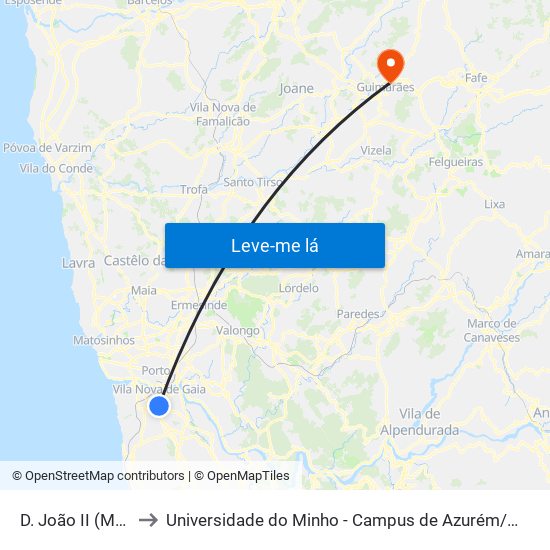 D. João II (Metro) to Universidade do Minho - Campus de Azurém / Guimarães map