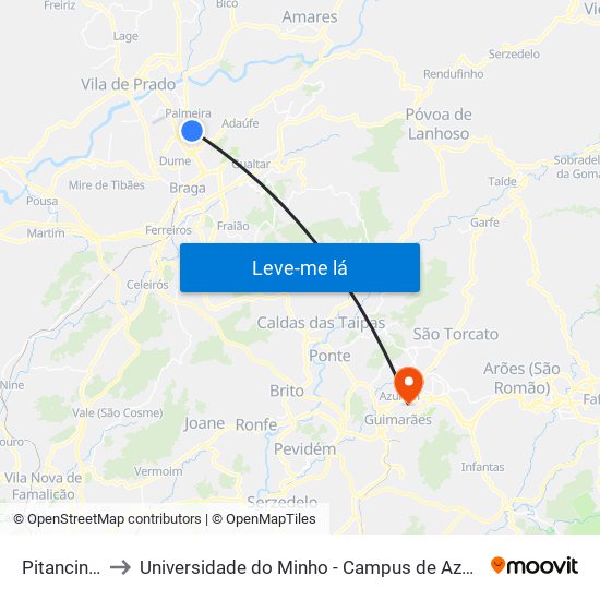 Pitancinhos I to Universidade do Minho - Campus de Azurém / Guimarães map