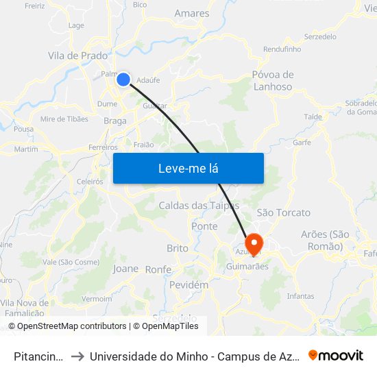 Pitancinhos V to Universidade do Minho - Campus de Azurém / Guimarães map