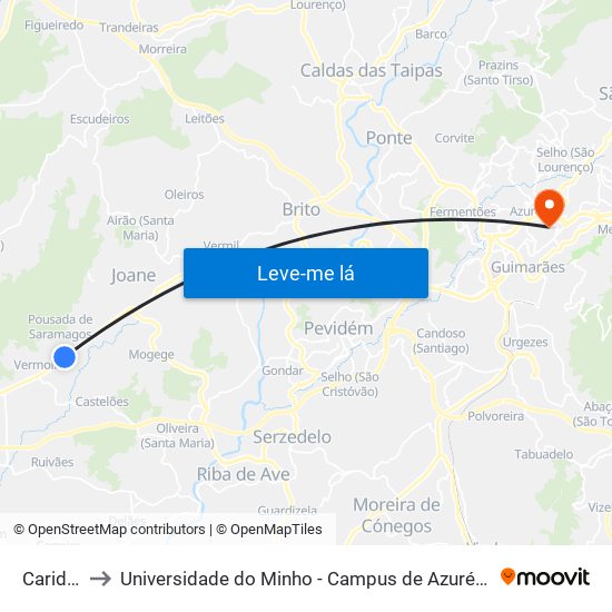 Carides I to Universidade do Minho - Campus de Azurém / Guimarães map