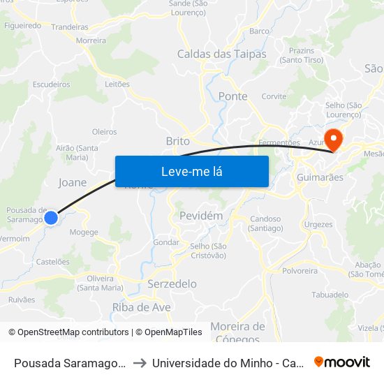 Pousada Saramagos (Riopele) | Correios to Universidade do Minho - Campus de Azurém / Guimarães map