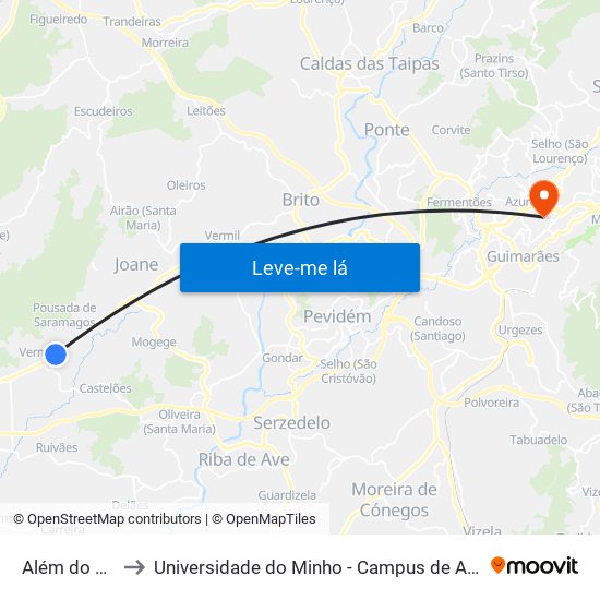 Além do Ribeiro to Universidade do Minho - Campus de Azurém / Guimarães map