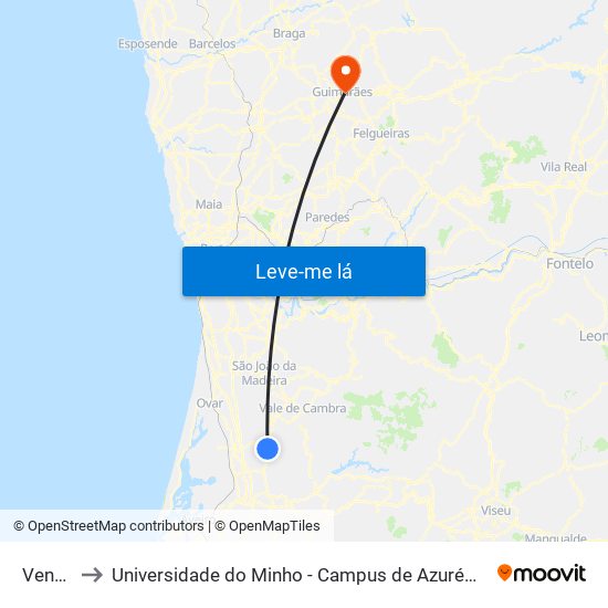 Vendas to Universidade do Minho - Campus de Azurém / Guimarães map