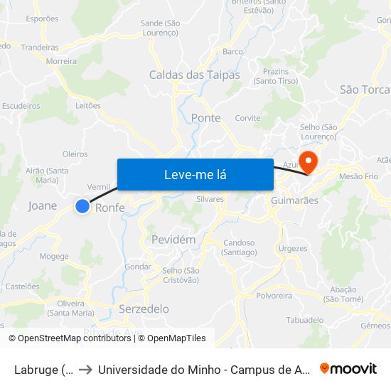 Labruge (Cruz.) to Universidade do Minho - Campus de Azurém / Guimarães map