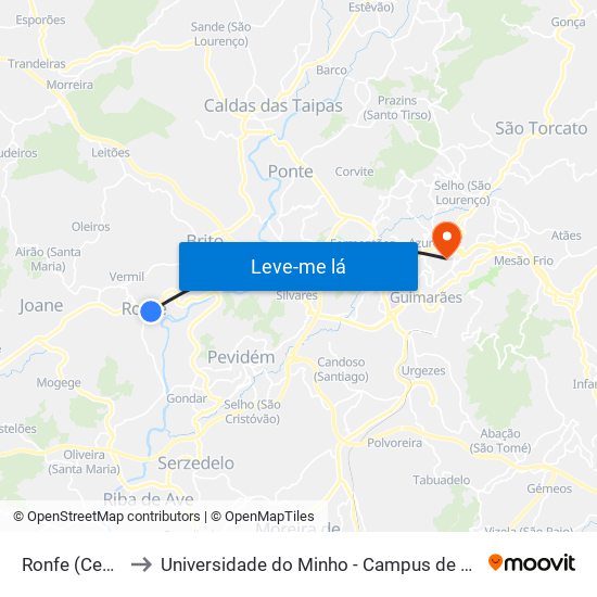 Ronfe (Cemitério) to Universidade do Minho - Campus de Azurém / Guimarães map