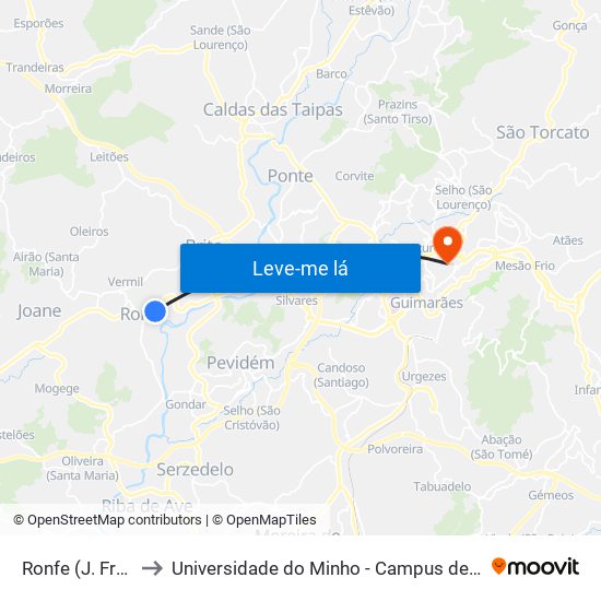 Ronfe (J. Freguesia) to Universidade do Minho - Campus de Azurém / Guimarães map