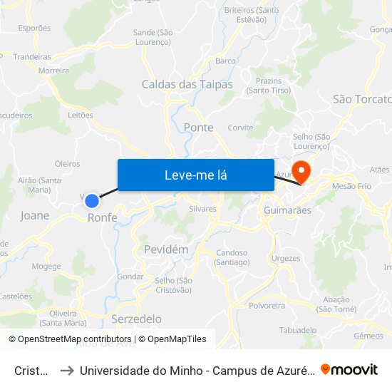 Cristo Rei to Universidade do Minho - Campus de Azurém / Guimarães map