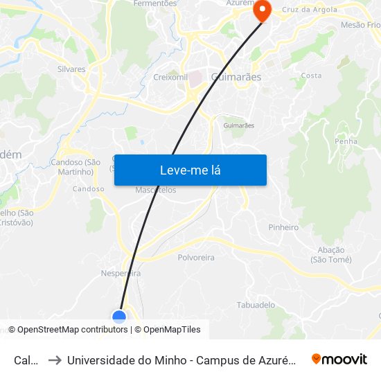 Calços to Universidade do Minho - Campus de Azurém / Guimarães map