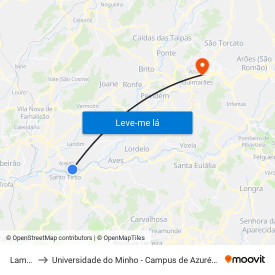 Lameira to Universidade do Minho - Campus de Azurém / Guimarães map