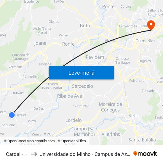 Cardal - Bente to Universidade do Minho - Campus de Azurém / Guimarães map