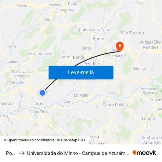 Ponte (Landim) to Universidade do Minho - Campus de Azurém / Guimarães map