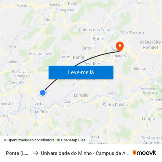 Ponte (Landim) to Universidade do Minho - Campus de Azurém / Guimarães map