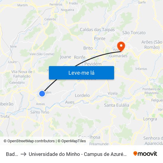 Badina to Universidade do Minho - Campus de Azurém / Guimarães map