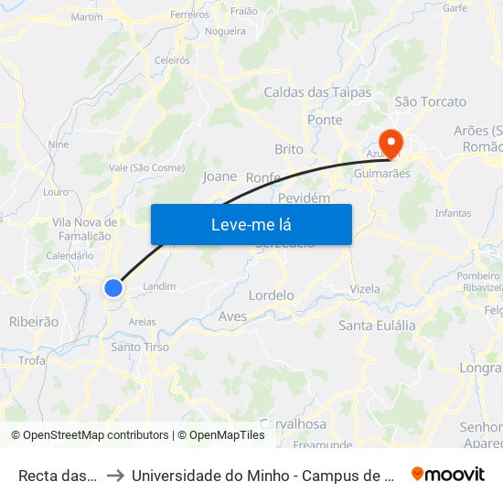 Reta das Águas to Universidade do Minho - Campus de Azurém / Guimarães map