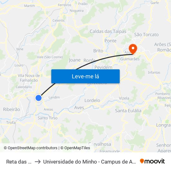 Reta das Águas to Universidade do Minho - Campus de Azurém / Guimarães map