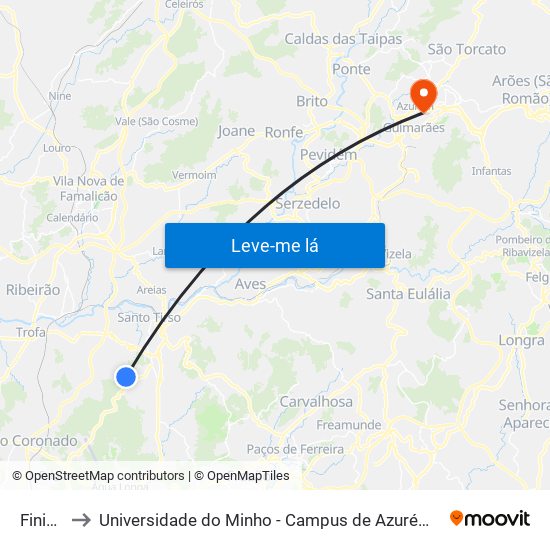 Finieco to Universidade do Minho - Campus de Azurém / Guimarães map