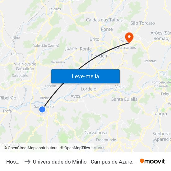 Hospital to Universidade do Minho - Campus de Azurém / Guimarães map