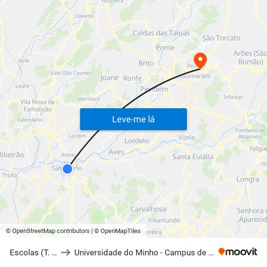 Escolas (T. Pelayo) to Universidade do Minho - Campus de Azurém / Guimarães map